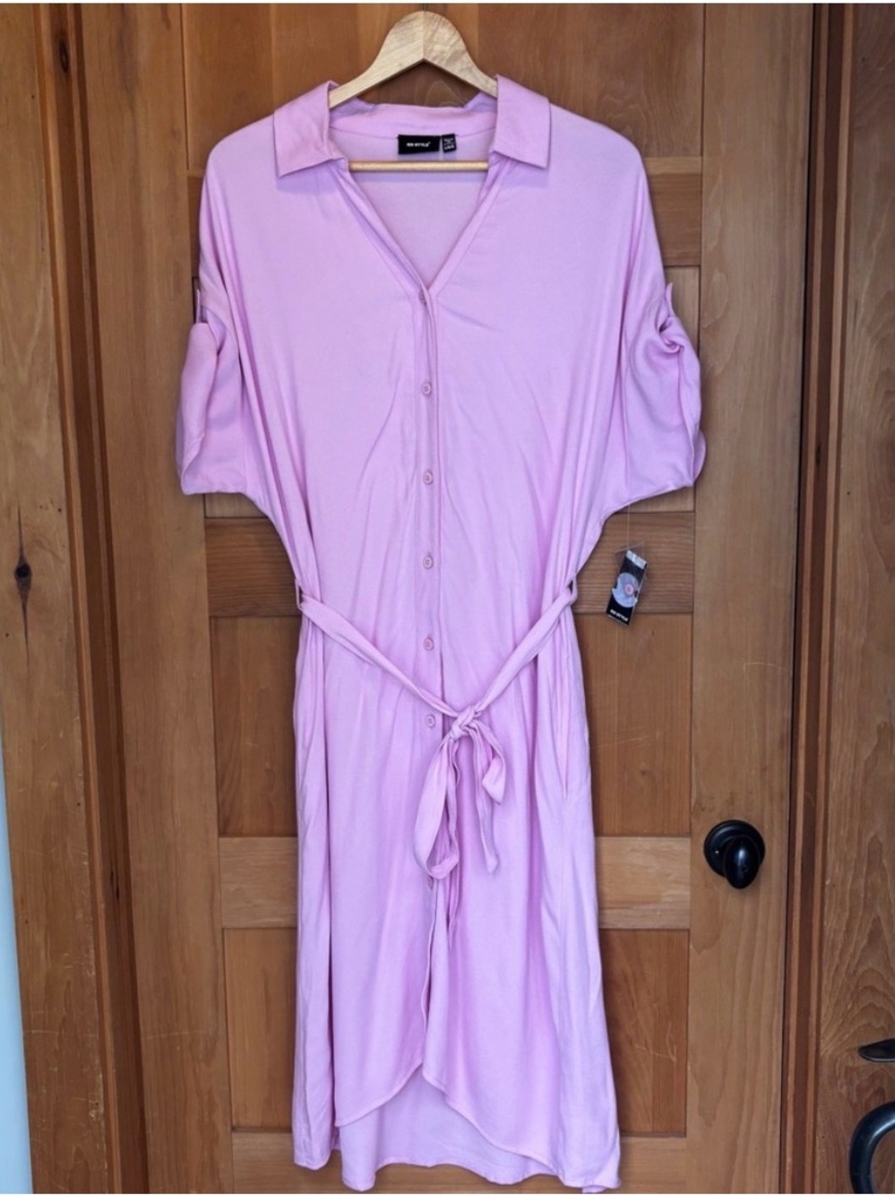 RD Style Lavender Pink Button Front Midi Shirt Dress L NWT